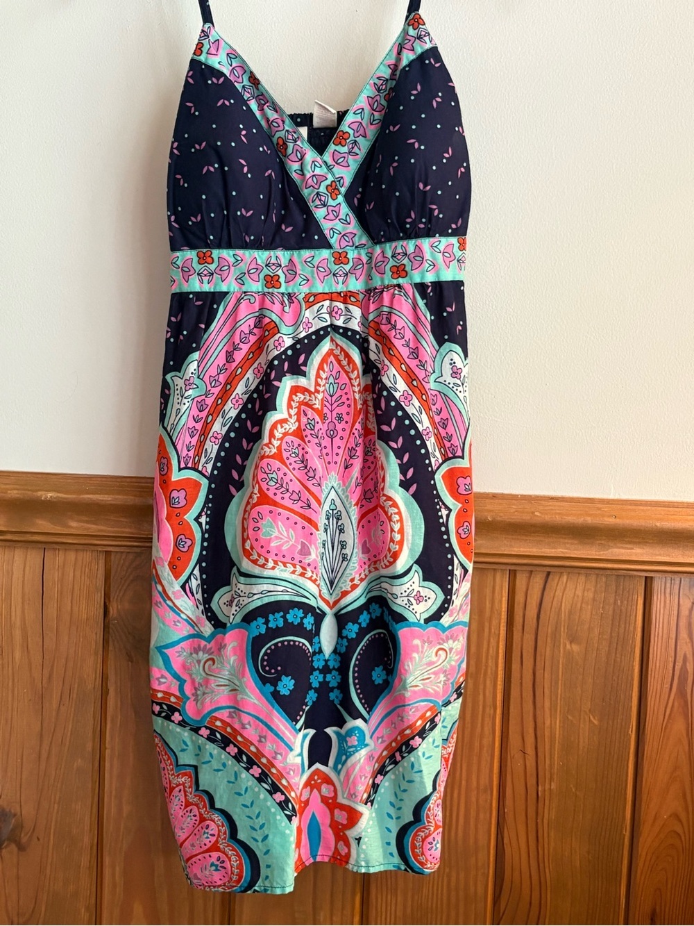 Sleeveless Navy Paisley Print Midi Dress Pink & Teal Accents, vivid, pockets